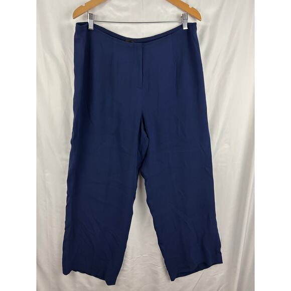 Eileen Fisher 100% Silk Blue Wide Leg Pants Career LARGE Womens Zip Front - Picture 1 of 13